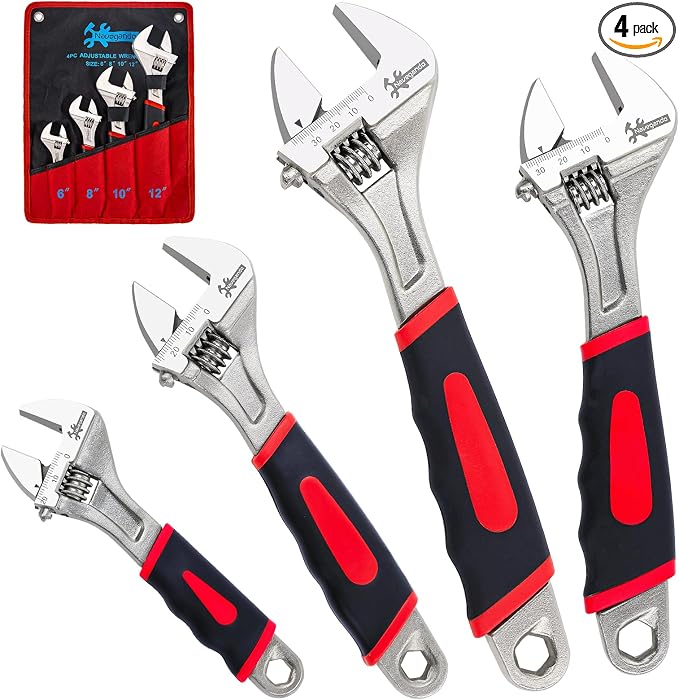 Navegando 4-Piece Adjustable Wrench Set, 6/8/10/12 Inch, Heat Treated Carbon Steel with Non-Slip Rubber Grip，Corrosion Resistant Finish for Automotive, Plumbing & DIY Repairs