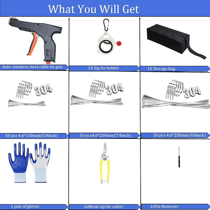 Automatic Metal Zip Ties Cutter Stainless Steel Cable Tie Gun Kit，9-level Adjustable Fastening Tension ，Automatic Tightening Cutting Ratchet Tie Clamp，With 150pcs 304 Stainless Steel Zip Ties