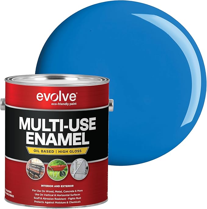 EVOLVE Multi-Purpose Alkyd Enamel – Interior Exterior Oil-Based Paint for Wood, Metal, Concrete, & Masonry, High-Gloss, Rust & Abrasion Resistant (Safety Blue, 1 Gallon)
