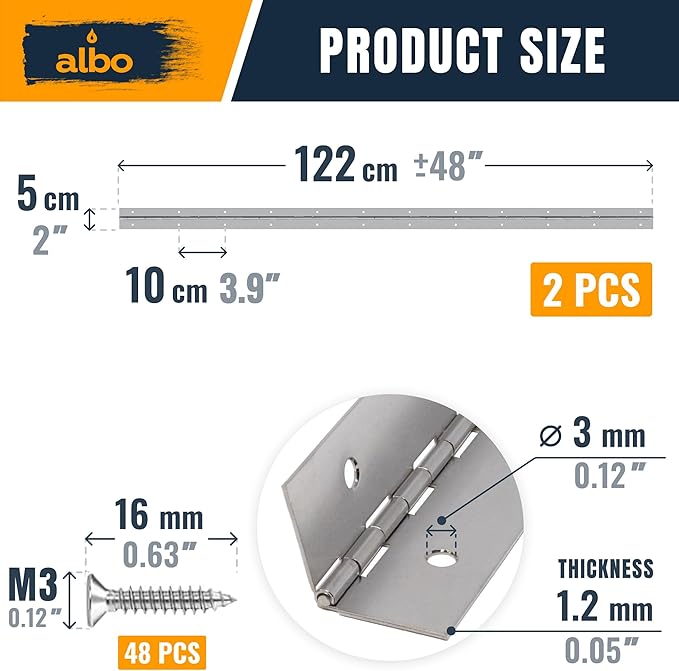 ALBO 48 Inch Silver Heavy Duty Piano Hinge Continuous Stainless Steel 304 (2-Pack), Surface Mount Cabinet Hinges Silver 48"x2" for Industrial Equipment, Commercial Display & Large Access Panel