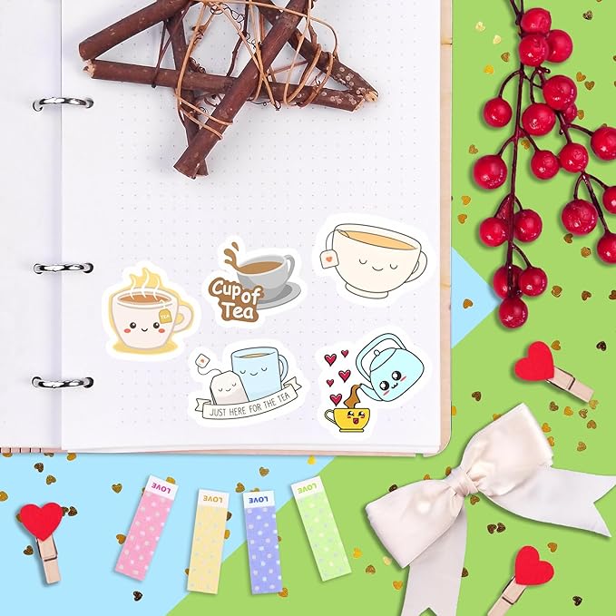 BulbaCraft Cute Tea Cup Stickers, Tea Stickers for Water Bottle and Laptop - Tea Cup Party Supplies & Decorations, Waterproof Vinyl Drink Decals, Gifts for Women & Men