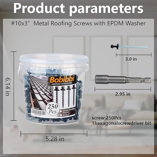 Metal Roofing Screws 10 x 3 inch, Black Hex Head Sheet Metal Roof Screw with EPDM Washer for Corrugated Roofing (250Pcs)