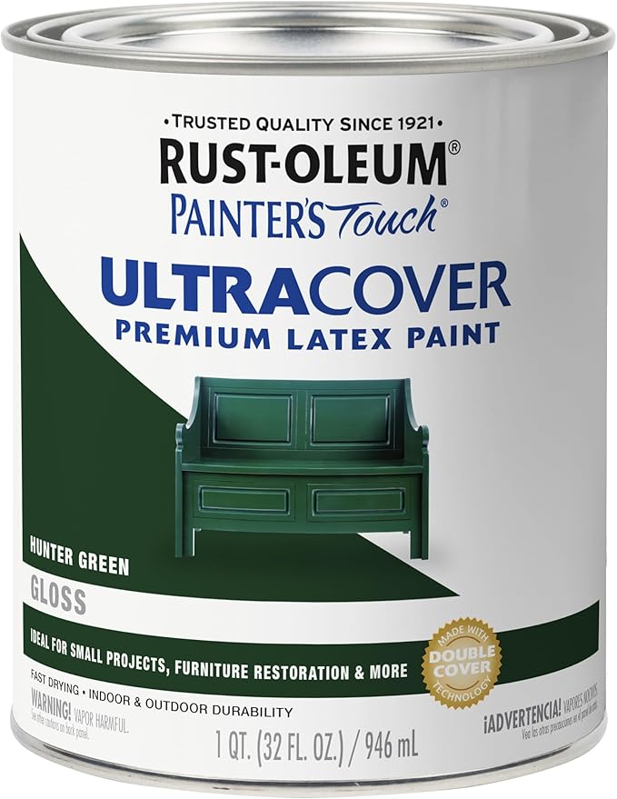 Rust-Oleum 1938502 Painter's Touch Ultra Cover Premium Latex Brush On Paint, Quart, Gloss Hunter Green