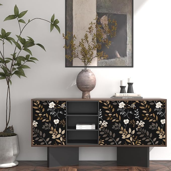 Floral Leaf Vintage Wallpaper Peel and Stick 17.5"x118", Black Gold | Self Adhesive/Removable/Waterproof/Thick Vinyl Contact Paper for Bathroom Bedroom Shelf Cabinet Drawer,Prepasted,Easy Peel