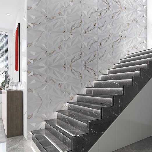 33 Pack 3D Wall Panel Diamond for Interior Wall Décor, PVC Textured Wall Panels, 12''x12'' Cover 32.Sq.Ft. Gold Veined White | PVC Accent Wall Panels for Interior Wall Decor, Living Room Lobby Bedroom Hotel Office
