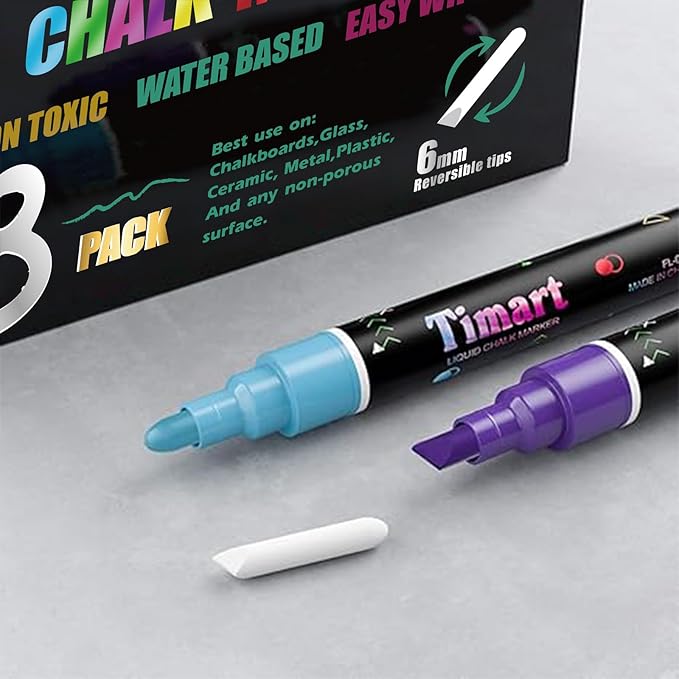 Timart Metallic 8 Pack Liquid Chalk Markers, Bold Wet & Dry Erase Marker Pens for Chalkboards Signs, Blackboards, Windows, Glass- 6mm Reversible Tip