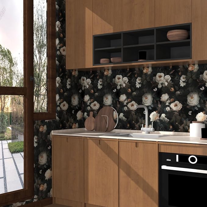 Fvlow Black White Floral Peel and Stick Wallpaper 17.4" x 118" | Renter Friendly, Removable & Waterproof, Vinyl Easy Install for Bedrooms, Bathrooms, Kitchens, Cabinets and Home Decor