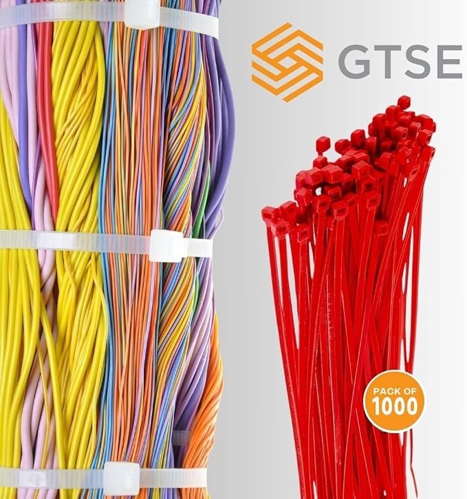 GTSE 12 Inch Red Zip Ties, 1,000 Bulk Pack, 50lb Strength, UV Resistant Long Nylon Cable Ties, Self-Locking 12" Tie Wraps
