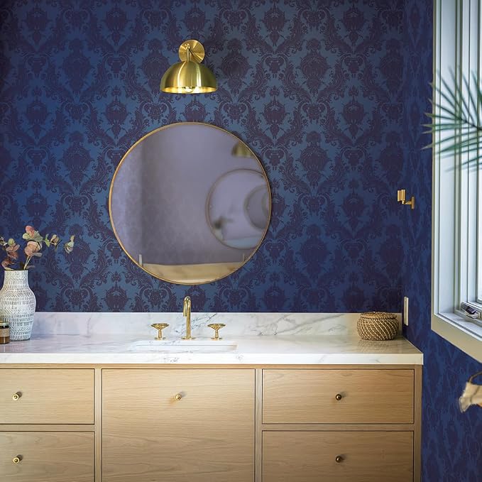 Tempaper Textured Metallic Blue Damsel Removable Peel and Stick Damask Wallpaper, 20.5 in X 16.5 ft, Made in the USA