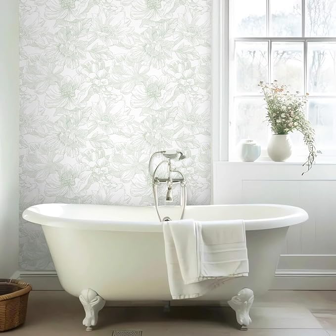 Ismoon Large Floral Peel and Stick Wallpaper Boho Green and White Contact Paper 17.3inx6.5ft Modern Wall Paper Removable Self Adhesive Vinyl Wallpaper for Bedroom Cabinet Bathroom Mural Wall Decor