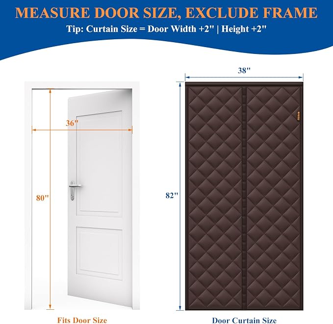 Magnetic Thermal Insulated Door Cover Curtain, Fits 36" x 80" Door, Brown | Curtain Size 38'' x 82'', Waterproof Oxford Filled Thicken Cotton, Strong Magnets Tight-Seal, Significant Insulation Effect