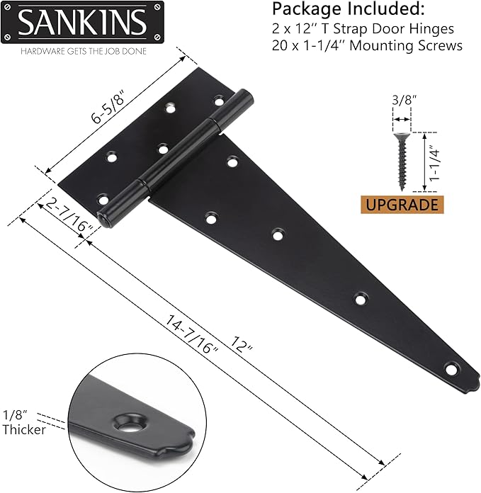 12 Inch T-Strap Shed Door Hinges Heavy Duty, Black Tee Hinge for Wooden Fences, Yard Door, Barn Door Gates, Wrought Hardware Rustproof, 2PCS