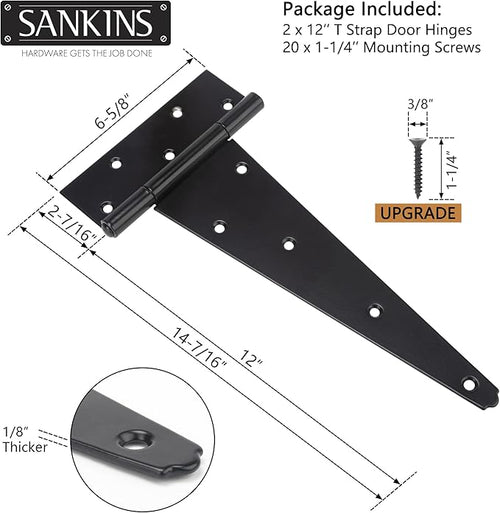 12 Inch T-Strap Shed Door Hinges Heavy Duty, Black Tee Hinge for Wooden Fences, Yard Door, Barn Door Gates, Wrought Hardware Rustproof, 2PCS