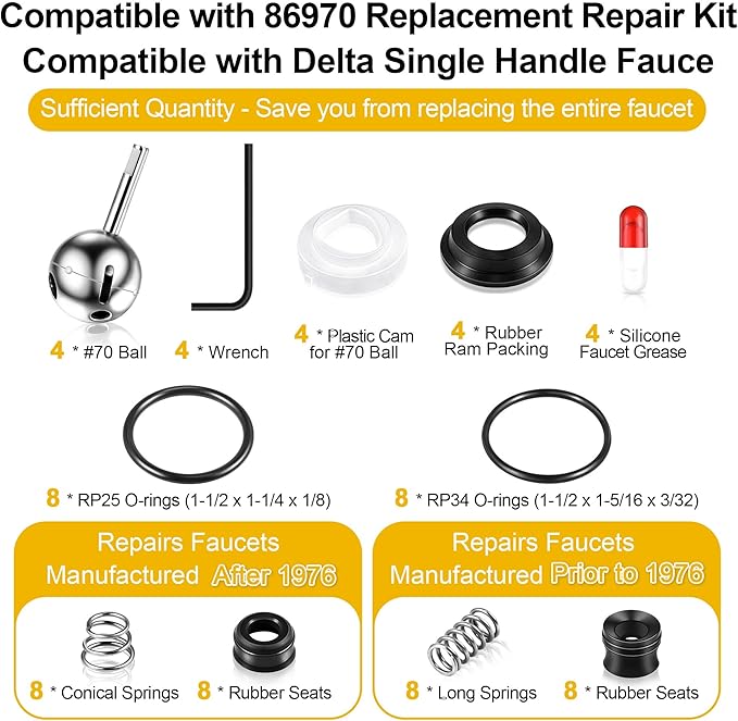 Enhon Faucet Cartridge Repair Kit, Compatible with Deltal/Perless 86970 Single Handle Faucet, #70 Ball Valves and Lever Handles, Fix Dripping Faucets, Stainless Steel(4 Packs)