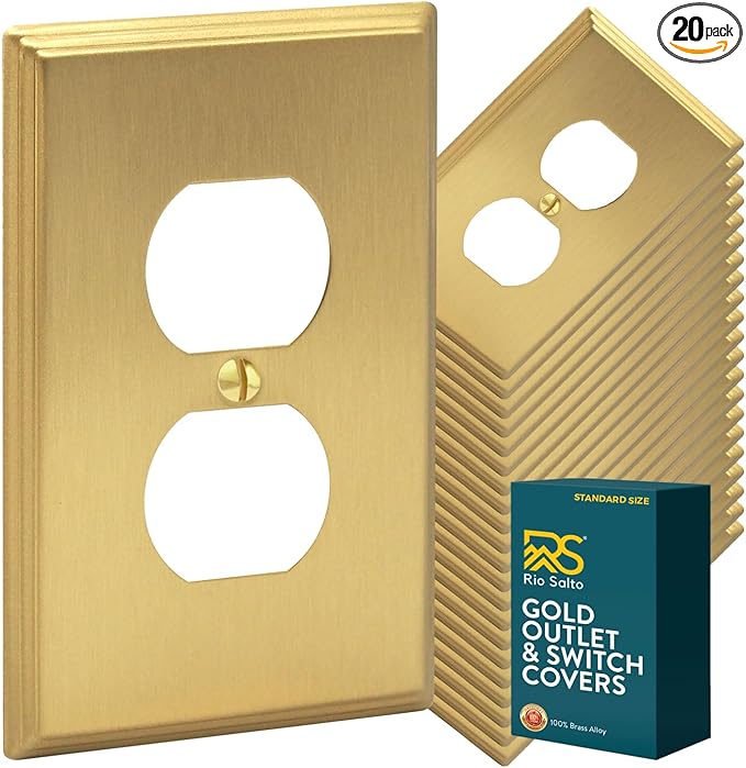 Rio Salto BRASS Brushed Gold Metal Duplex Outlet Covers Light Switch Cover – Deco Collection Decorative Brass Wall Plates 20-Pack Standard Size 2.75" X 4.50"