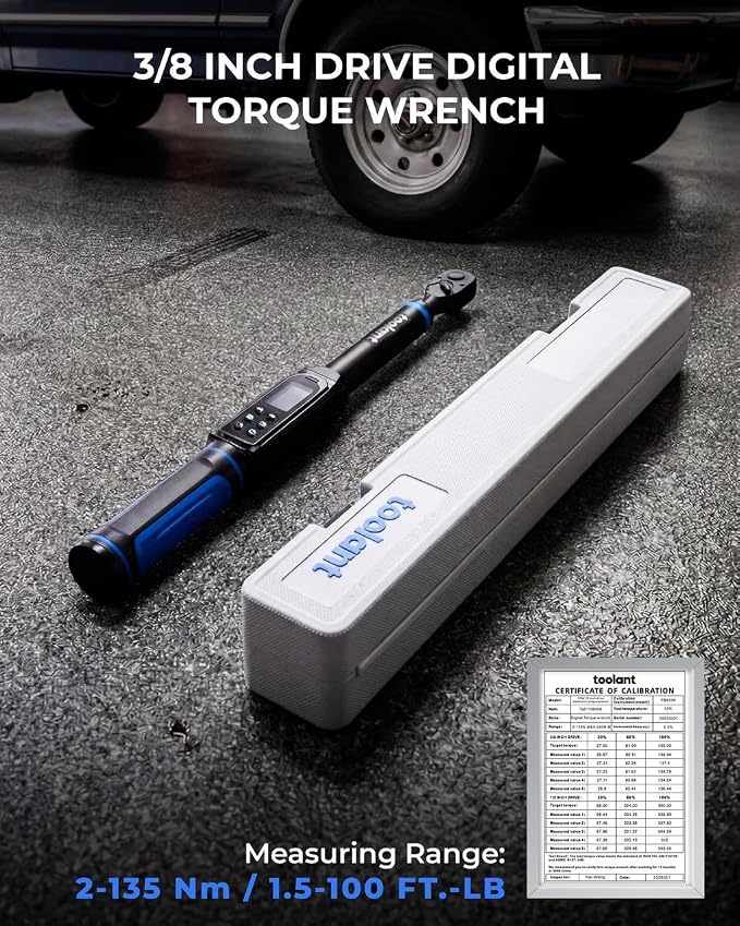 toolant 3/8" Digital Torque Wrench 1.5-100 ft-lb (2-135 N·m), ±2% Accuracy with Sound/Light/Vibration Alerts, 9 Presets & 500 Memory for Car Motorcycle Bike Repair