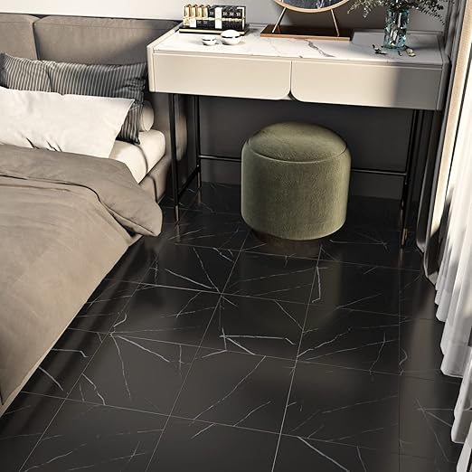 WESTICK 5 Pack Black Marble Vinyl Floor Tile Peel and Stick Flooring Luxury Bathroom Floor Tiles Peel and Stick Waterproof Kitchen Self Sticky Vinyl Flooring Tiles for Bedroom Basement 12" x 12"