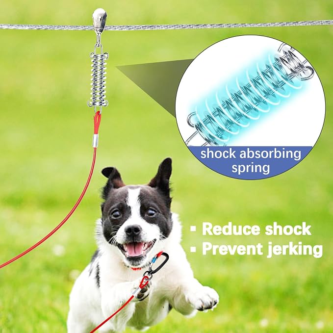 Dog Tie Out Runner for Yard,Trolley System for Large Dogs,Heavy Duty Dog Run Cable Lead 150ft with 10ft Pulley Runner Line for Small Medium and Large Dogs Up to 250lbs Running Outside Yard or Camping
