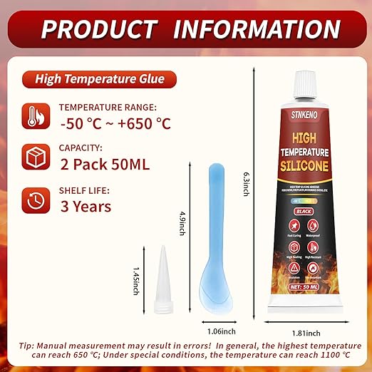 High Temperature Glue, Black Silicone Adhesive - 3.53 Oz Heat Resistant Glue for Ovens, High Temp Silicone Sealant for Microwave, Fast Curing, Insulation and Waterproof, 2 Pack, 100ML