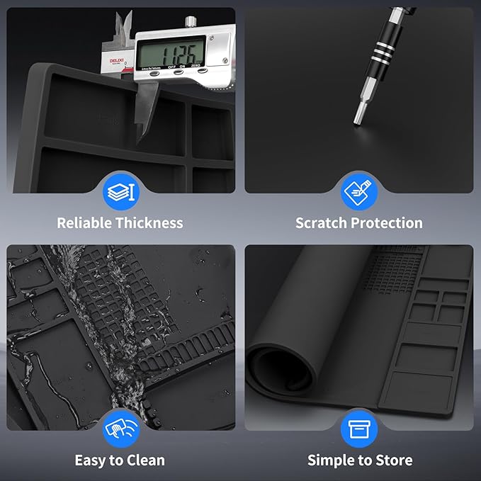STREBITO Soldering Mat Large, Repair Mat Heat Resistant 932°F, Silicone Work Mat Magnetic Screw Mat for Soldering Iron, Electronics, PC Building, Laptop, RC, Phone, Size 21.7" x 15.8" (Black)