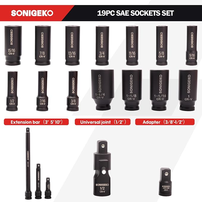 19-Piece 1/2" Drive Impact Socket Set | Deep, SAE CR-V Steel Sockets with Extension Bars, Universal Joint and Adapter