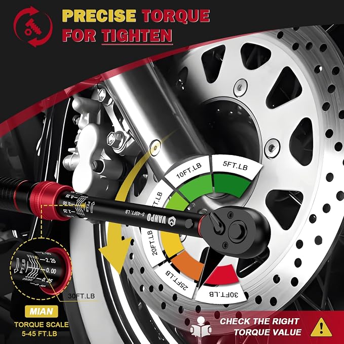 VANPO Torque Wrench 3/8-inch Drive 5-45 Ft-Lb for Spark Plugs,±3% Accuracy | Click Style, 6.8-61Nm, Dual-Direction, 72 Tooth, Aluminum Adjustable Torque Wrench for Bike, Motorcycle & Engine Repair