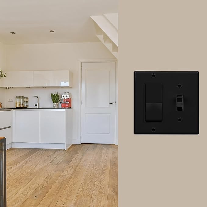 Bates- Combination Wall Plate, Toggle Switch/Decorator, Black, 4.92"x4.88"/Mid Size, 2 Gang Wall Plate