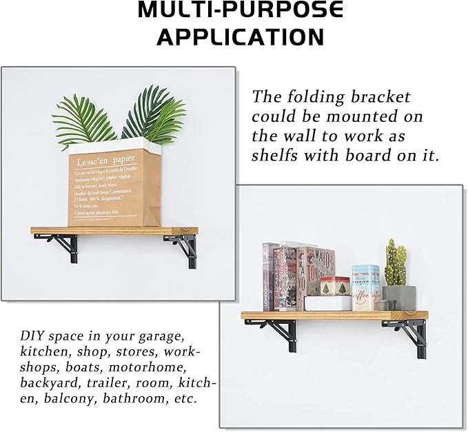 Folding Shelf Brackets 24 inch 4 Pcs - DIY Wall Mounted Shelf Bracket for Garage Workstation, Stuff Supports, Plant Stand - Heavy Duty Metal Collapsible Floating Shelf Bracket Black