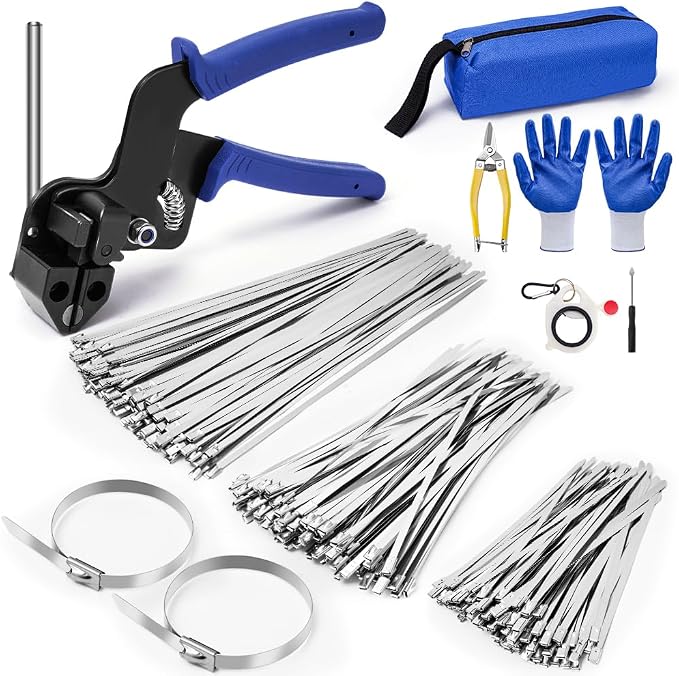 Stainless Steel Cable Tie Gun Kit with 300PCS Metal Zip Ties, (100 Each of 6,8, 11.8 Inch) Heavy Duty Steel Metal Zip Ties Tool Set for Chain Link Fence, Exhaust Pipes, Automotive, Rebar & Fencing