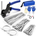 Stainless Steel Cable Tie Gun Kit with 300PCS Metal Zip Ties, (100 Each of 6,8, 11.8 Inch) Heavy Duty Steel Metal Zip Ties Tool Set for Chain Link Fence, Exhaust Pipes, Automotive, Rebar & Fencing