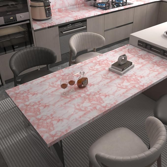 Extra Wide Marble Contact Paper Granite Peel and Stick Wallpaper Pink Glossy 31.5x157inch Countertop Contact Paper for Kitchen Bathroom Self-adhesive Waterproof Decorative Film Marble Vinyl Wrap