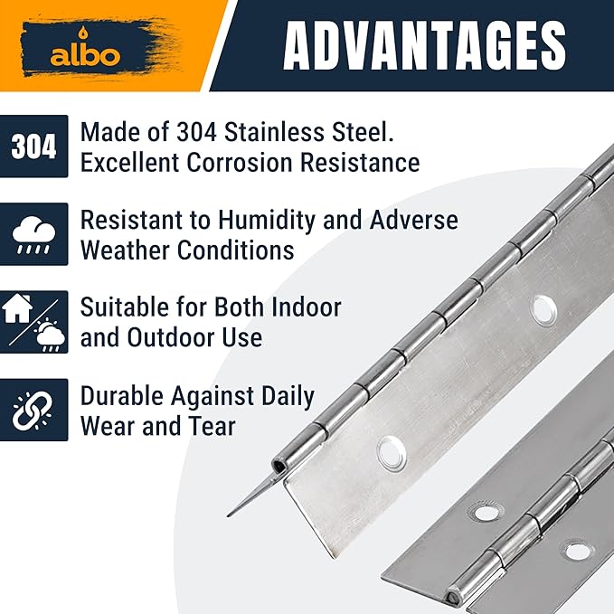 ALBO 12 Inch Silver Heavy Duty Piano Hinge Continuous Stainless Steel 304 (2-Pack), Surface Mount Cabinet Hinges Silver 12"x2" for Tool Box, Small Chest, Jewelry Box & Display Case, Rustproof Hardware