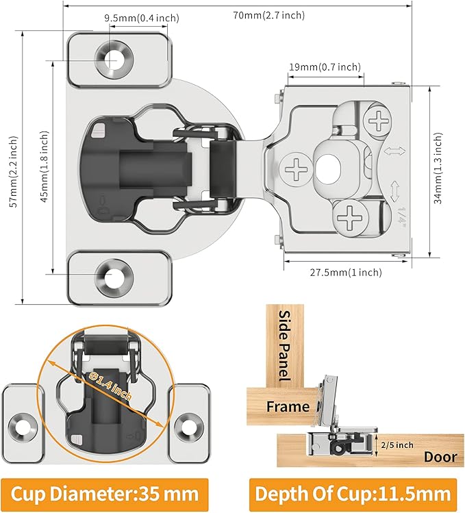 Chibery 4 Pack 1/4" Small Overlay 4D Concealed Hinges for Face Frame Door, Soft Close On/Off Switch, Self Closing, 105° Open Angle Concealed Stainless Steel Hinges for Framed Cabinet, Satin Nickel
