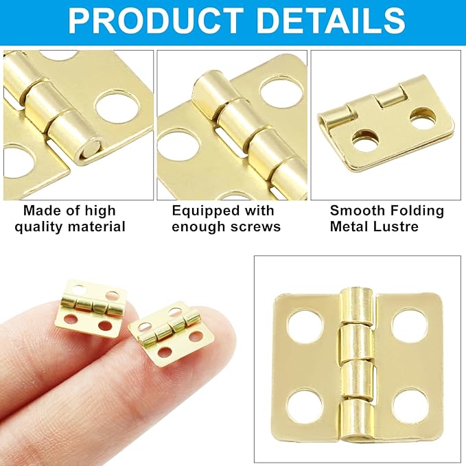 24Pcs Small Antique Gold Hinges 13x12mm - Mini Butt Hinges for Doll House, DIY, Mini Cabinet, Jewelry Wooden Box