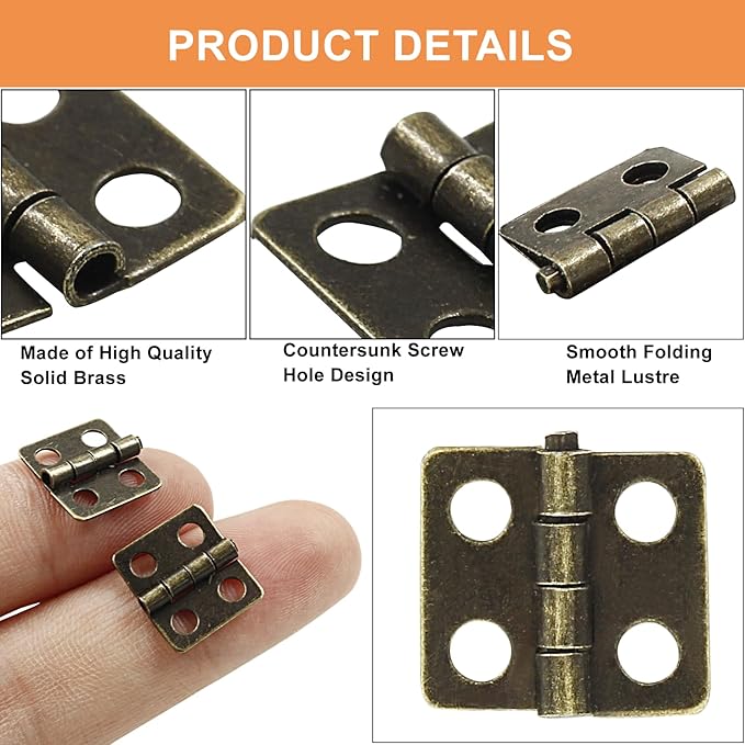 50 Pcs Small Mini Hinges, 0.47"x0.51", Antique Bronze Butt Hinges with Storage Box for Mini Cabinet, Jewelry, Wooden Box