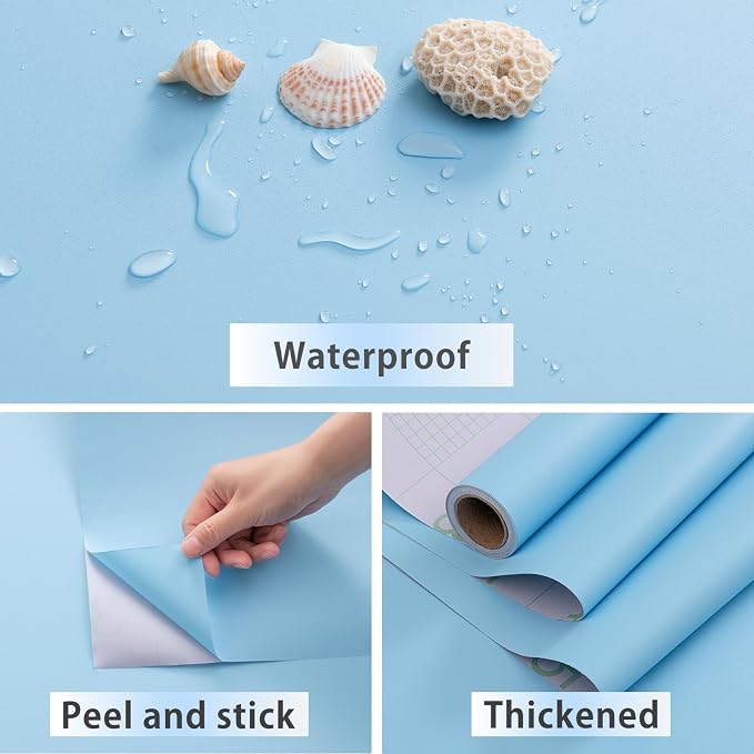 FUKU MON Light Blue Matte Contact Paper, Self-Adhesive Peel and Stick Wallpaper for Cabinets & Drawers, Removable Textured Wall Covering for DIY Room Decor (Baby Blue, 24" x 394")