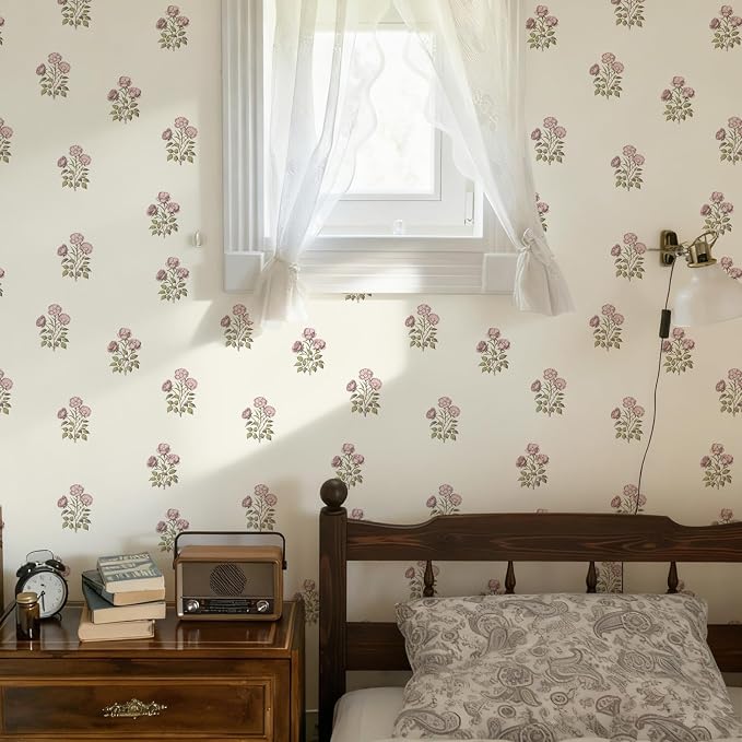 17.3"× 590.5" Vintage Floral Wallpaper Peel and Stick Boho Wallpaper Removable Waterproof Beige Rose Pattern Contact Paper for Bedroom, Bathroom, Home Wall