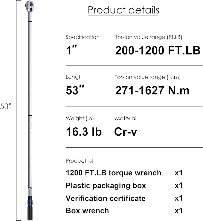 1'' 200-1200 Ft Lb Torque Wrench Heavy Duty, Dual Direction, High hardness, Long lifetime, Stored In a Solid Case