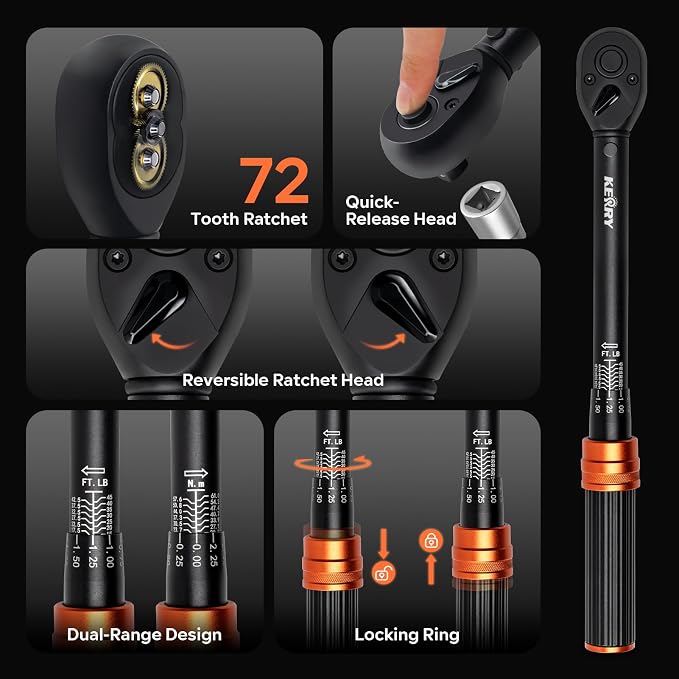 Kerry Click Torque Wrench Set, 1/4", 3/8" and 1/2" Drive, 3-Piece | 20-240 in-lb, 5-45 ft-lb, 20-160 ft-lb, ±3% Accuracy, Dual Scales, 72-Tooth Reversible Ratchets with Case for Vehicle Work