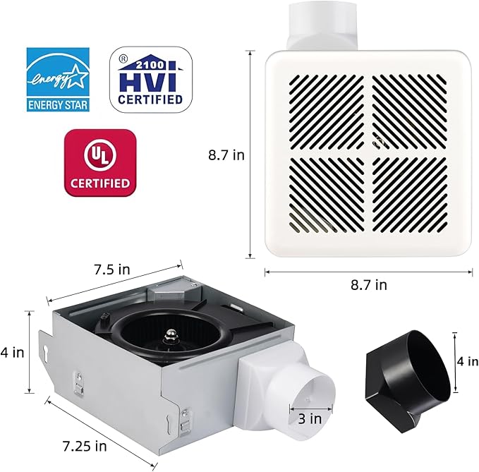 Tech Drive Very Quiet Bathroom Exhaust Fan - 80 CFM/70 CFM, 3&4-Inch Duct Included, Energy Star, No Attic Access, Ceiling Mounted for 75 Sq. Ft Bathrooms, Up to 80 CFM with 4-Inch Duct, White