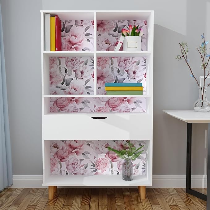 Light Large Floral Peel and Stick Wallpaper 17.5" x 393",Pink/White | Self Adhesive/Removable/Waterproof/Thick Vinyl Contact Paper for Bathroom Bedroom Shelf Cabinet Drawer,Prepasted,Easy Peel