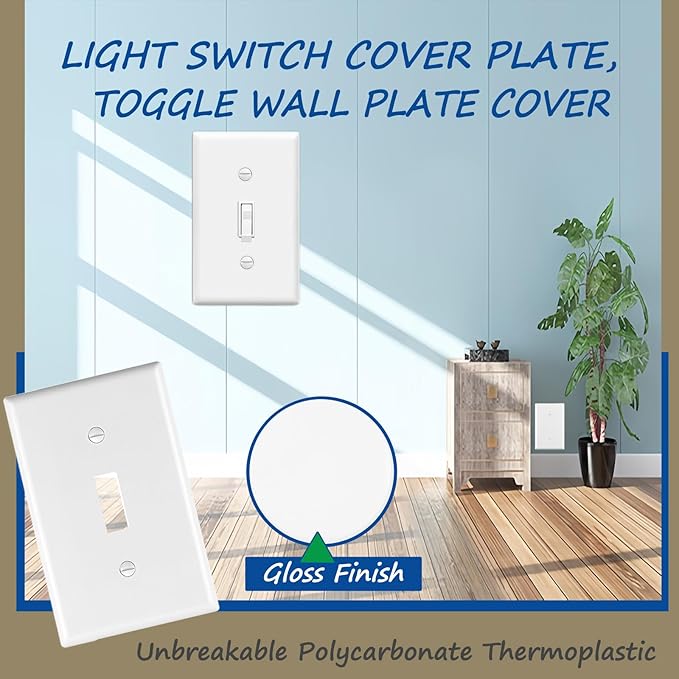 Light Switch Cover Plate,Toggle Light Switch Wall Plate,Toggle Wall Plate Cover,Standard Size 1-Gang 4.50" x 2.76",Unbreakable Polycarbonate Thermoplastic,UL Listed (2 Pack, Glossy White)