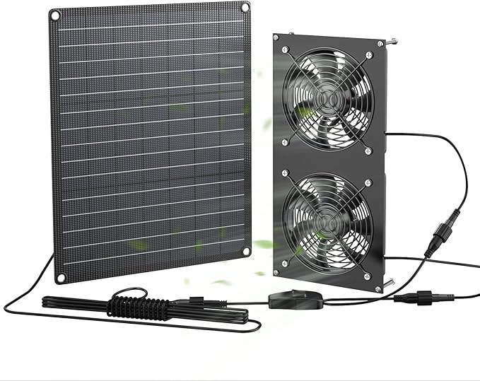 FlexSolar 12W Solar Panel Powered Fan Kit, Dual Waterproof IP65 Fans, 2500RPM High Speed, Solar Exhaust/Intake Fan for Chicken Coop, Greenhouse, Dog House, Pet House, Outdoor Shed Ventilation