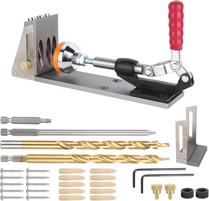 Kosmi pocket hole jig Kit,Professional Woodworking Dowel Jig Kit,Upgraded All-Metal Pocket Screw Jig for Carpentry Joinery Men,Set Jig Wood Woodwork Guides Joint Angle Tool Carpentry Locator