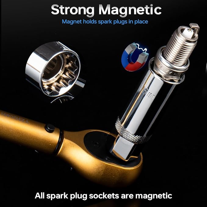 3/8-Inch Drive Torque Wrench Set, 5-50 FT.LB(6.8-67.8 Nm), Magnetic Spark Plug Socket Set, 12-Point Sockets 14mm & 16mm, Spark Plug Gap Tool, ±3% Accuracy, 72-Tooth Torque Wrench for Motor, Car Repair