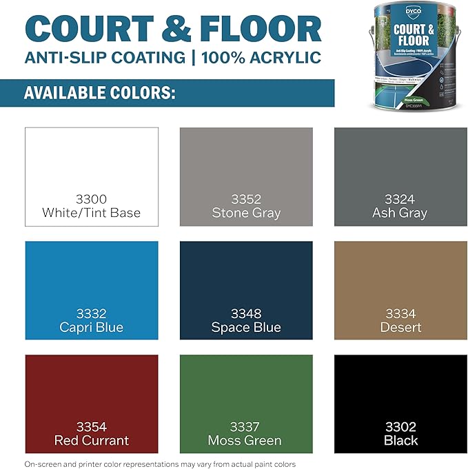DYCO Court & Floor Anti-Slip Coating - Slip-Resistant Pavement, Cement & Concrete Paint for Pickleball, Tennis & Basketball Courts, Exceeds ADA Standards for Safety Areas (Moss Green, 1 Gallon)
