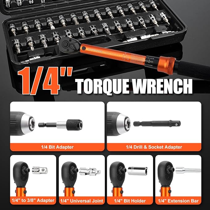Matework 50PCS Inch Pound Torque Wrench Set, 1/4" Drive Bike Torque Wrench | 10-230 in.lb (1.1-26.0 nm), 72-Tooth Dual Direction Click Torque Wrench with Bit Sockets for Bicycle, MTB, E-Bike Maintenance