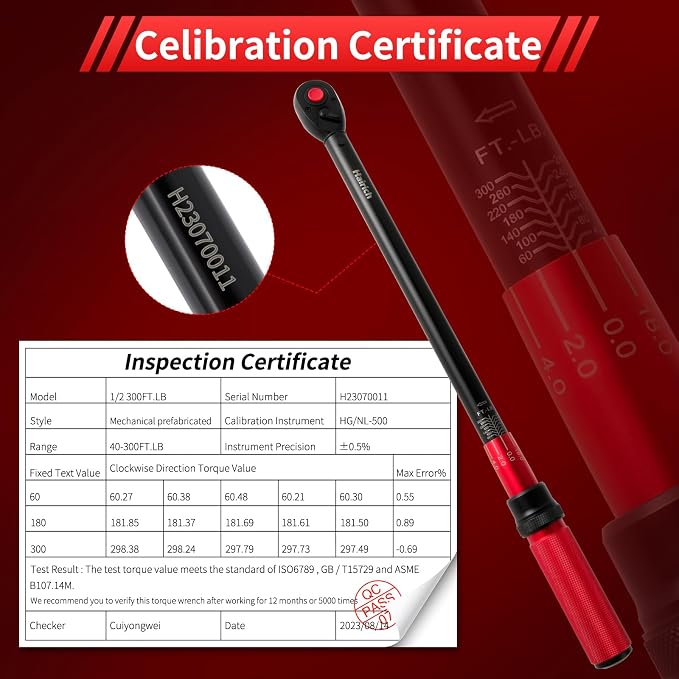 Hairich Torque Wrenches, 1/2 Torque Wrench, 40-300ft.lb/33.9-406.8Nm | ±3% High Precision, Dual-direction, 72-tooth Drive Click 1/2 Drive Torque Wrench 300 ft lbs with Dual Range Scales