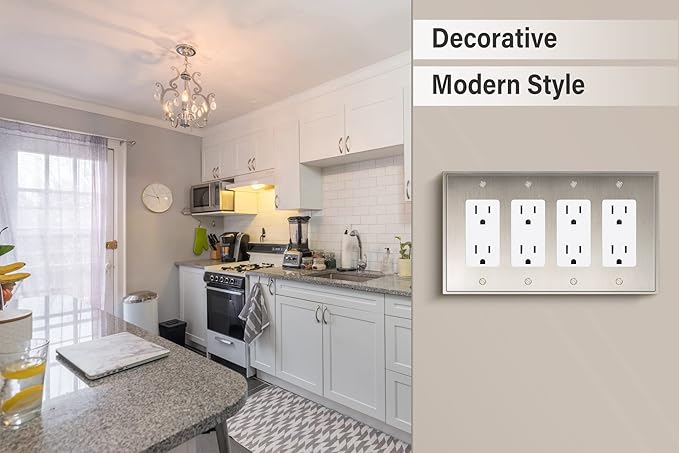 Henne Bery Soft Modern Decorative Wall Plate Switch Plate Outlet Cover (Quad Decorator, Satin Nickel)