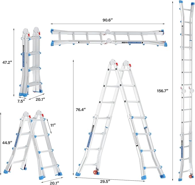 LUISLADDERS Ladder, A Frame Step Ladder Telescoping Ladder, Muti Position Folding Ladder Flared Leg & Wheels Design, 330 lbs Capacity Extension Ladder for Household Outdoor Work (17 FT)
